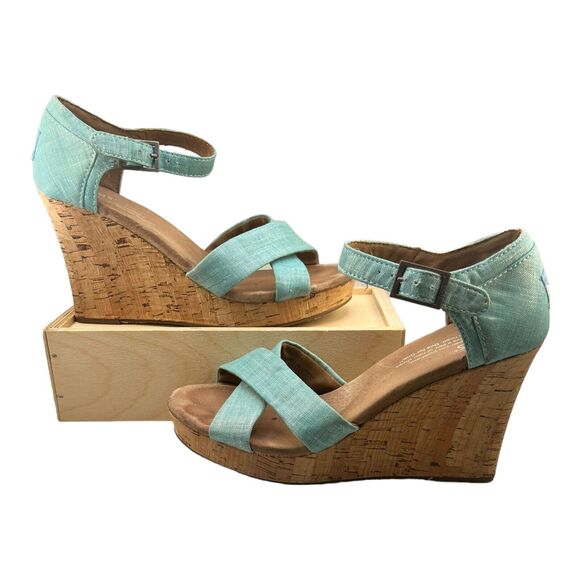 Toms Platform Wedge Turquoise Iridescent Cork Wedge Sandals shoes sz 8.5W - Picture 4 of 9